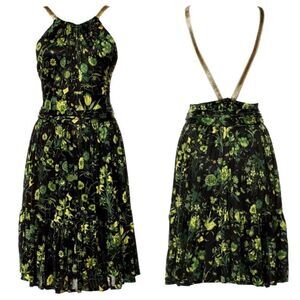 Gucci Resort Floral Logo Print Metallic Leather Criss Cross Strap Halter Dress